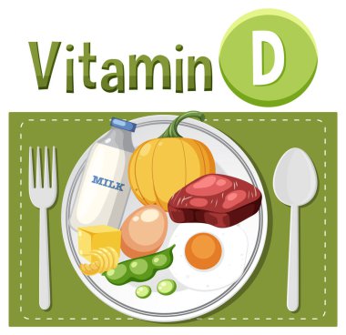 D vitamini zengini gıdaları canlı bir vektör illüstrasyonundan öğrenin
