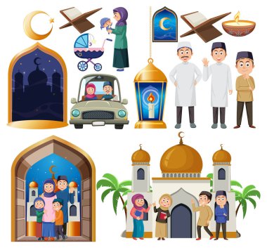 Müslüman temalı bir illüstrasyonda vektör karikatür karakterleri ve dini öğeler