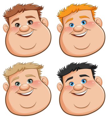 Beyaz bir arka planda izole edilmiş neşeli bir gülüşü olan dört tombul gencin çizgi film çizimi.