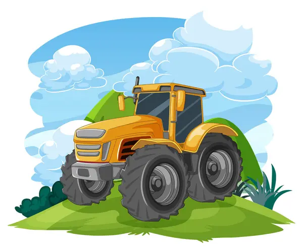 黄色いトラクターはベクトル漫画のイラストスタイルで田舎の丘を運転しています — ストックベクタ