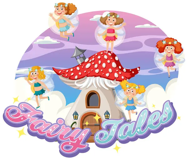 Adorable Fairies Whimsical Cartoon Flying Mushroom House — Stock Vector
