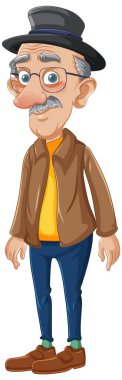 Şapka ve gözlük takan yaşlı bir büyükbabanın sevimli çizgi film karakteri.