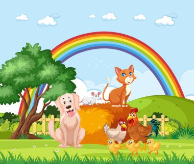 Çiftlik arazisindeki bir köpek, kedi ve tavuğun vektör çizimi