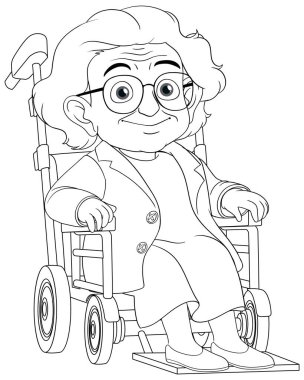 Tekerlekli sandalyedeki mutlu yaşlı bir kadının vektör çizimi