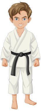 Judo kıyafeti giyen bir çocuğun karikatür çizimi.