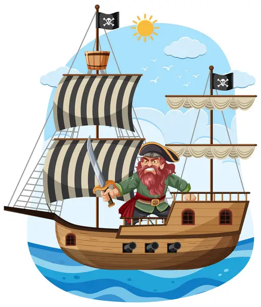 Fearless Pirate Captain Brandishes Sword Ship Sailing Vast Sea — Stock Vector