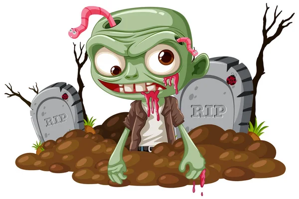 Zombie Dessin Animé Creusant Dans Cimetière — Image vectorielle