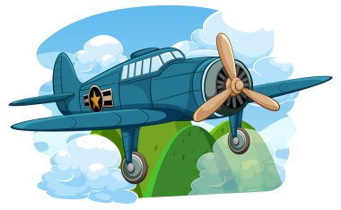 Klasik klasik bir vintage uçak vektör karikatür çizim tarzında tepe arka planında uçuyor.