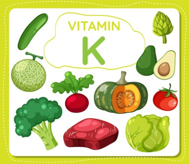 Meyve ve sebzelerle çevrili K vitamini illüstrasyonu