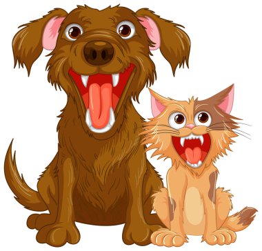 Ağızları açık ve keskin dişleri olan beyaz bir arka planda izole edilmiş kedi ve köpeğin çizgi film çizimi.