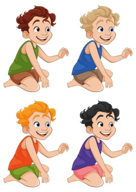 Neşeli bir çocuk canlı bir vektör çiziminde oturuyor ve gülümsüyor.