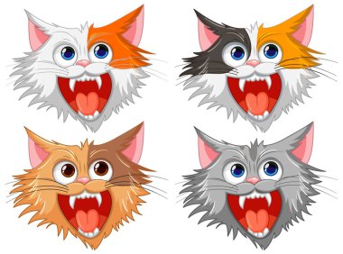 Beyaz arka planda izole edilmiş dört yüzlü gri bir kedinin vektör çizimi.