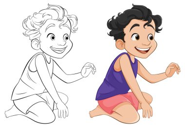 Vektör çizgi film karakteri. Oturan ve gülümseyen bir çocuk.