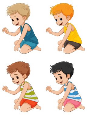 Çizgi film stili vektör çiziminde oturan neşeli çocuk.