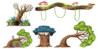 Bir ağaç koleksiyonu ve büyüleyici bir hobbit ağaç evi içeren kaprisli ve sihirli bir çizim.