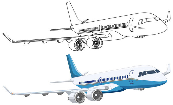 Мультфильм иллюстрация коммерческого самолета, летящего с контуром для окраски