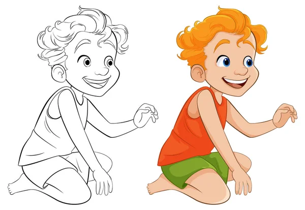 Vektorová Kreslená Postava Šťastného Chlapce Sedícího Obrysem Pro Zbarvení — Stockový vektor