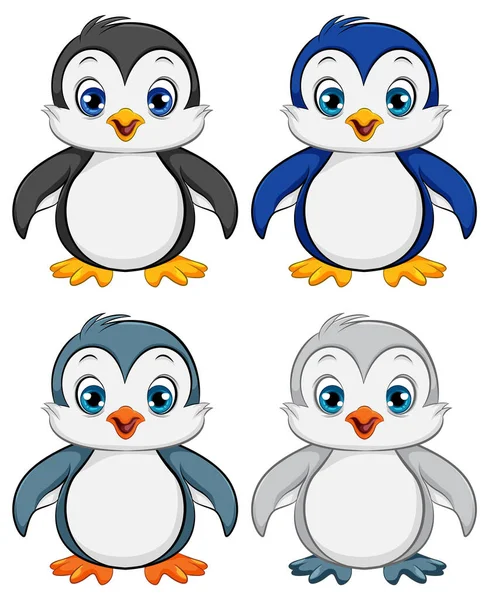 Чотири Мультяшні Дитячі Пінгвіни Ізольовані Білому Тлі Векторному Стилі Ілюстрації — стоковий вектор
