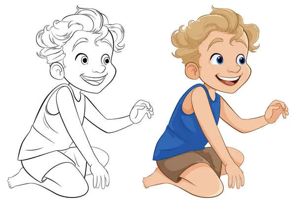 Vektorová Kreslená Postava Chlapce Sedícího Usmívajícího Obrysem Pro Zbarvení — Stockový vektor