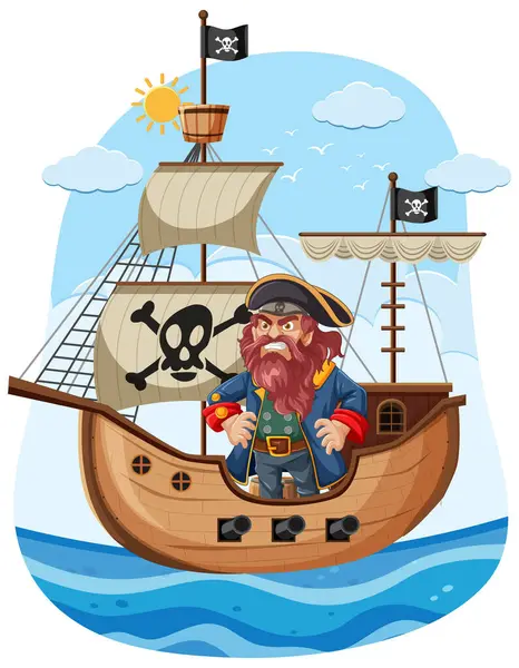 Grumpy Pirate Sailing Ship Sea — Stock Vector