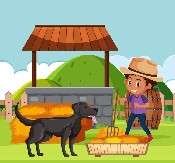 男の子は庭のフォークを保持しながら 犬は農場の風景に近づいています — ストックベクタ