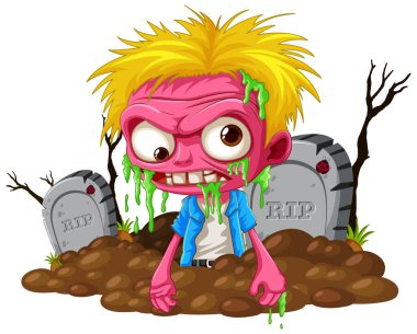 İzole edilmiş bir mezarlığı kazan bir zombi çizgi filmi.