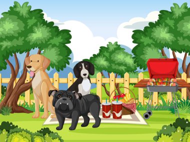 Doğa parkında piknik yapan köpeklerin vektör çizimi.