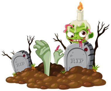 Yerden yükselen bir zombinin çizgi film stili vektör çizimi