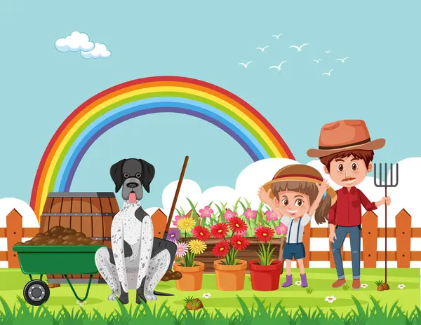 Heartwarming Scene Father Daughter Dog Planting Flowers Together Beautiful Rainbow — Stock Vector