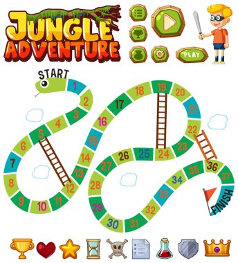 Orman temalı Yılanlar ve Merdivenler oyun şablonunun vektör çizimi