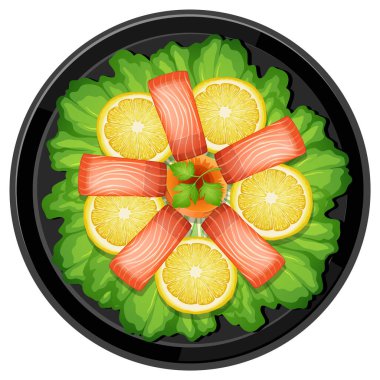 Lezzetli ve taze somon salatası. Siyah tabakta limon.