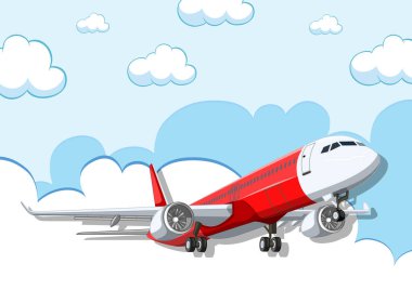 A cartoon illustration of a commercial airline airplane flying in a clear blue sky clipart