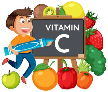 C vitamini zengini yiyeceklerle çevrili bir erkek öğrencinin çizgi film çizimi