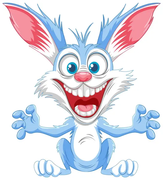 Blue Cartoon Rabbit Jumping Scary Smile — Stock Vector