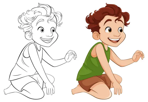 Vektorová Kreslená Postava Chlapce Sedícího Usmívajícího Obrysem Pro Zbarvení — Stockový vektor
