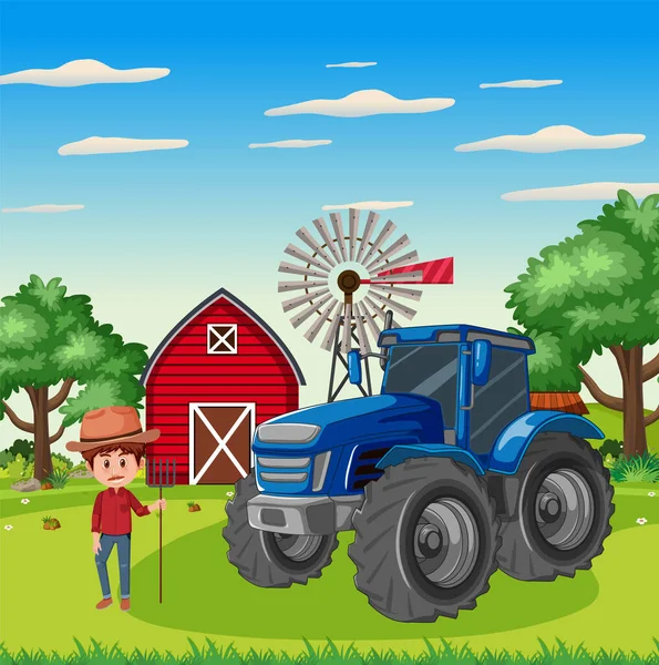 Boer Landbouwgrond Met Tractor Schuur — Stockvector