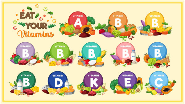 Иллюстрация, демонстрирующая различные группы продуктов питания, классифицированные по содержанию витаминов