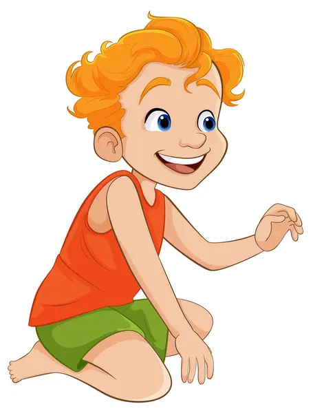 Cheerful Young Boy Sitting Vibrant Cartoon Style Vector Illustration — Stock Vector