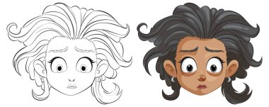 Bir kızın yüzünün iki aşaması, çizgi sanatı ve renkli.