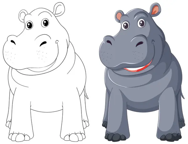 Two Hippos One Colored One Line Art — Stock Vector