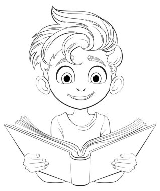 Neşeli genç bir çocuk mutlu bir şekilde kitap okuyor..