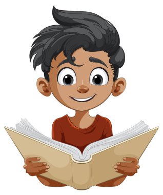 Açık bir kitap okuyan neşeli bir çocuğun çizgi filmi.