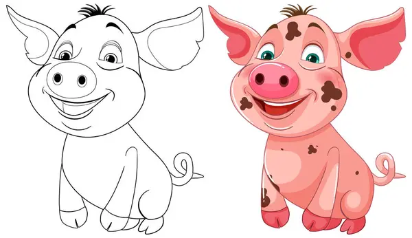 Two Smiling Pigs One Colored One Outlined — Stock Vector