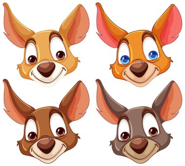 Dört renkli, anlamlı çizgi film köpek çizimleri..