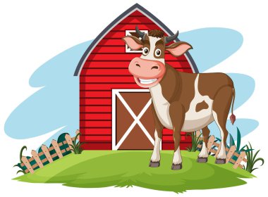 Kırmızı ahırın önünde gülümseyen inek çizgi filmi.