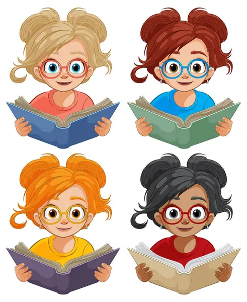 Four Cartoon Kids Glasses Reading Colorful Books — Stock Vector