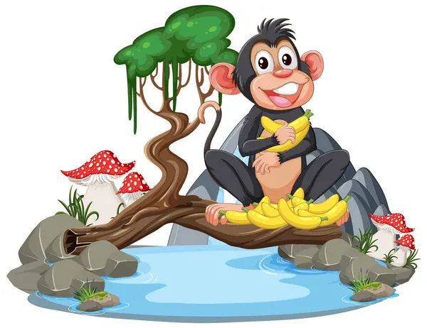 Macaco Alegre Sentado Uma Rocha Com Bananas — Vetor de Stock