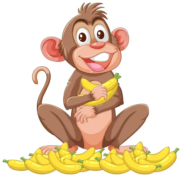 Joyeux Singe Dessin Animé Assis Avec Des Grappes Bananes — Image vectorielle