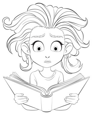 Çizgi film kızı, açık gözlü kitap okuyor..