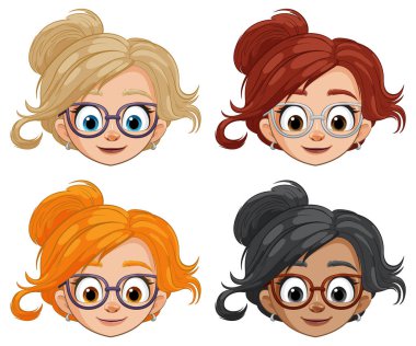 Şık gözlüklü ve saç stili olan dört resimli kadın..